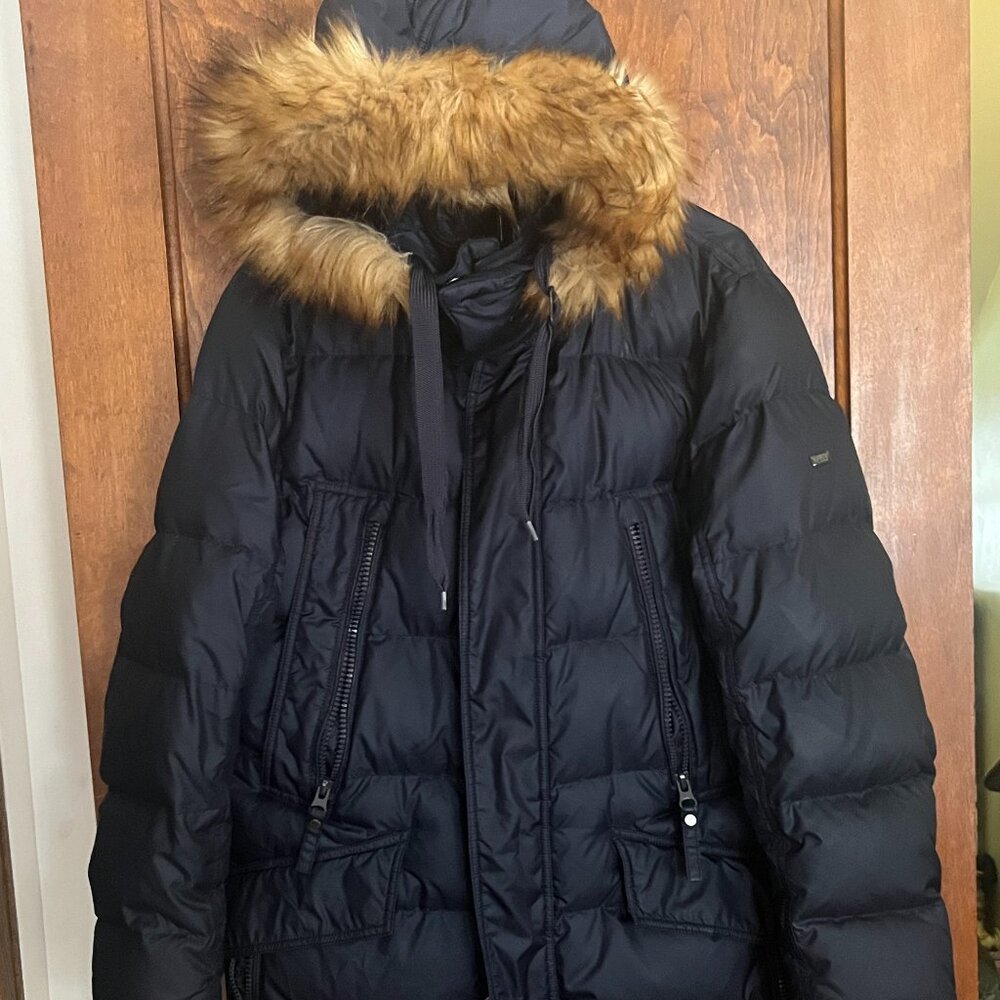 Andrew Marc Black Puffer Jacket with Brown Faux Fur Trim Hood